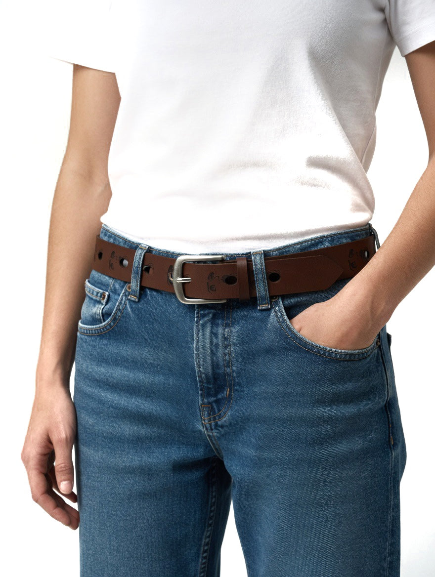 Brown Leather Belt with Face