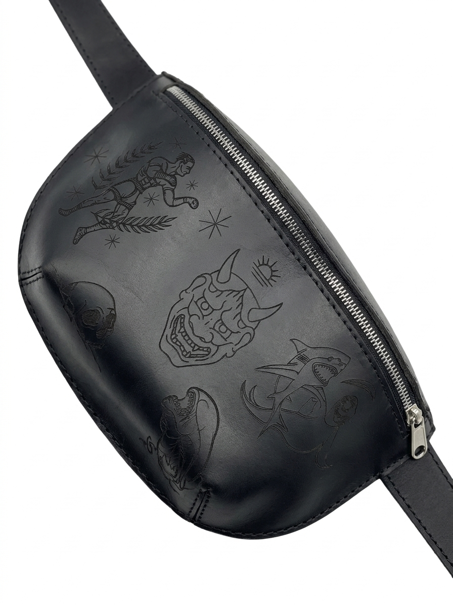 Tattoo Flash Leather Belt Bag | Black Engraved Leather Fanny Pack