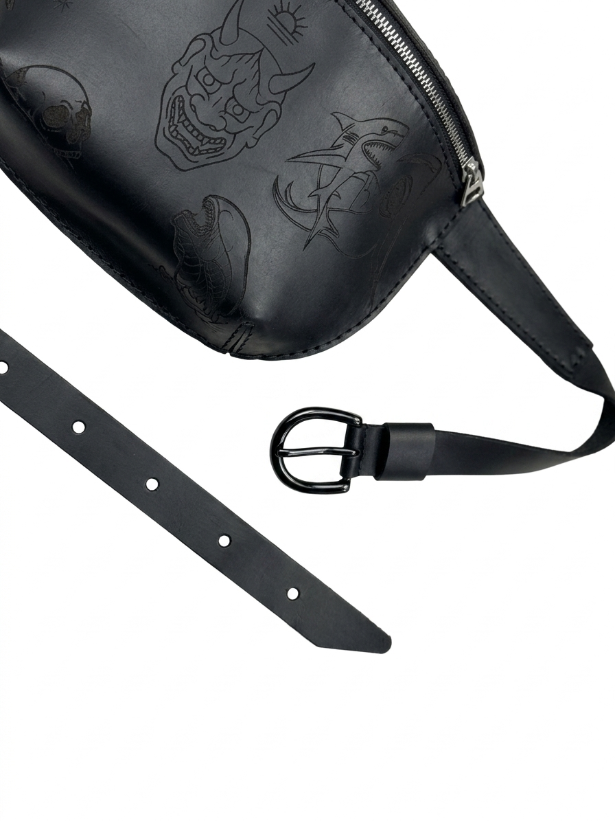 Tattoo Flash Leather Belt Bag | Black Engraved Leather Fanny Pack