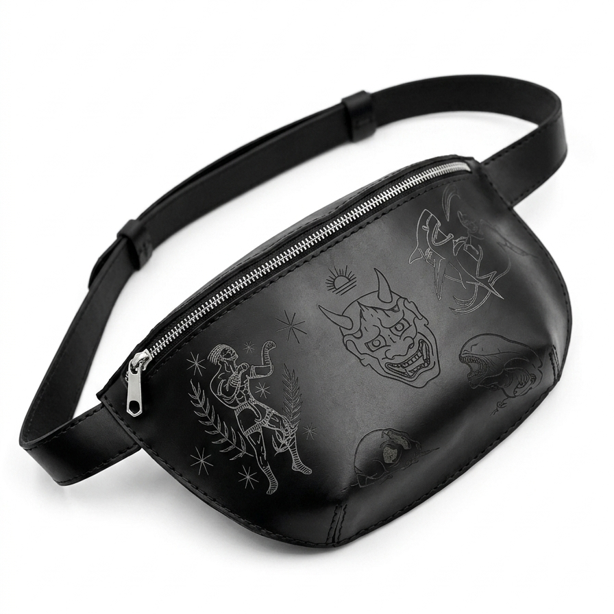Tattoo Flash Leather Belt Bag | Black Engraved Leather Fanny Pack